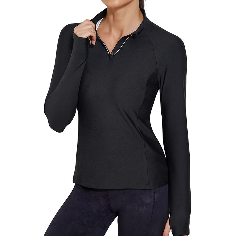 Vrouwen Sport Shirts met Rits - Comfortabele Slim Fit Jas voor Yoga en Workouts - Duimgaten en Sneldrogend Materiaal - Zwart - XXL