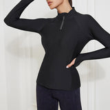Vrouwen Sport Shirts met Rits - Comfortabele Slim Fit Jas voor Yoga en Workouts - Duimgaten en Sneldrogend Materiaal - Zwart - XXL