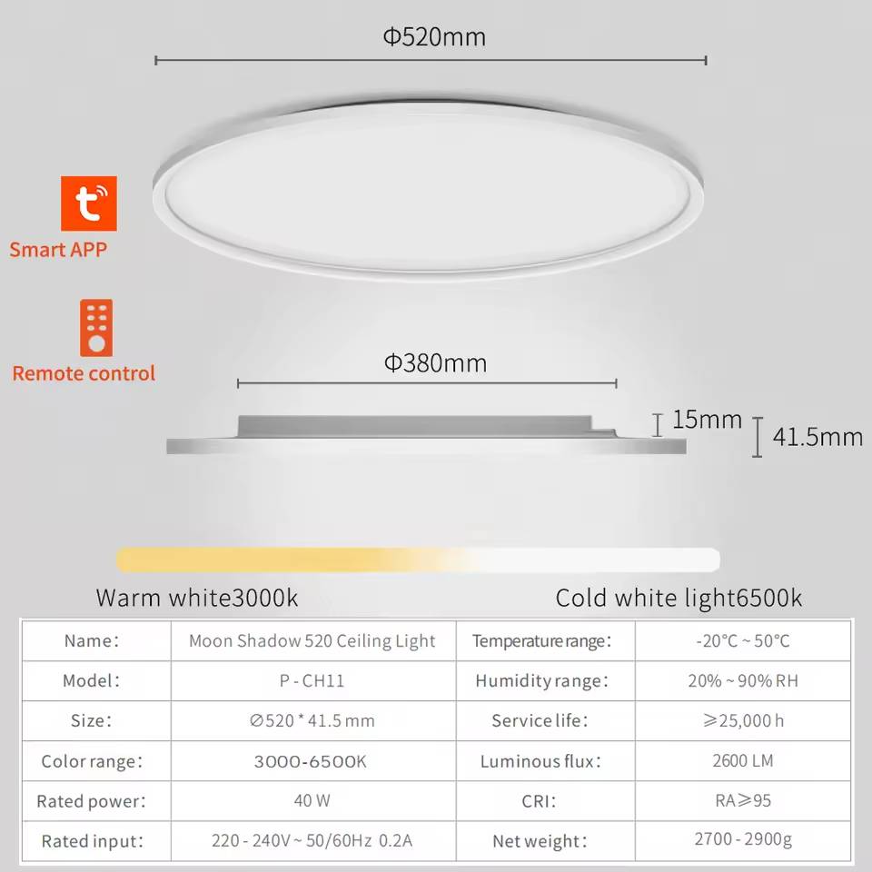 Paurller Smart LED Plafondlamp Moon Shadow Air520 — Ronde Ultradunne Armatuur — Dimbaar — Instelbare Lichtkleur en Helderheid — Slimme Bediening via App en Afstandsbediening — Ø 52 cm — Voor Woonkamer, Keuken en Slaapkamer