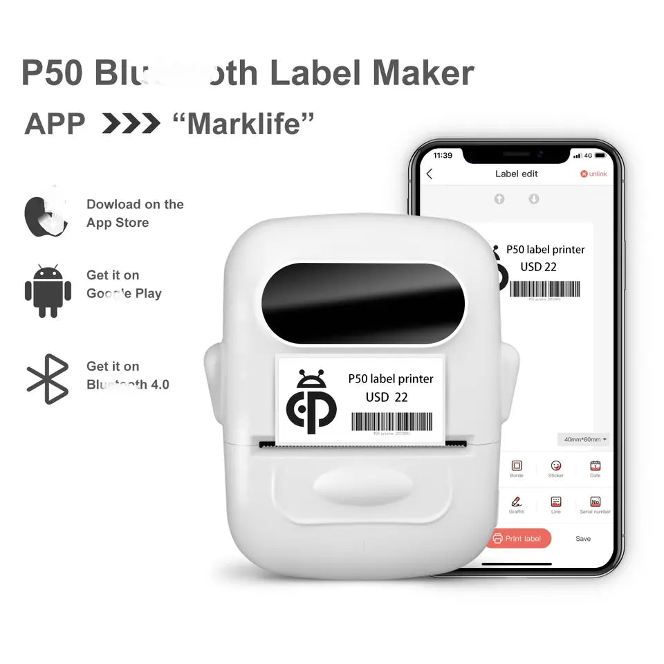 P50 - Label-Maker-Machine - Draagbare Bluetooth Handheld Thermische Sticker Machine met 1 Rol Label Tapes - Perfect voor School, Kantoor, Thuisorganisatie - iOS Android USB Oplaadbaar