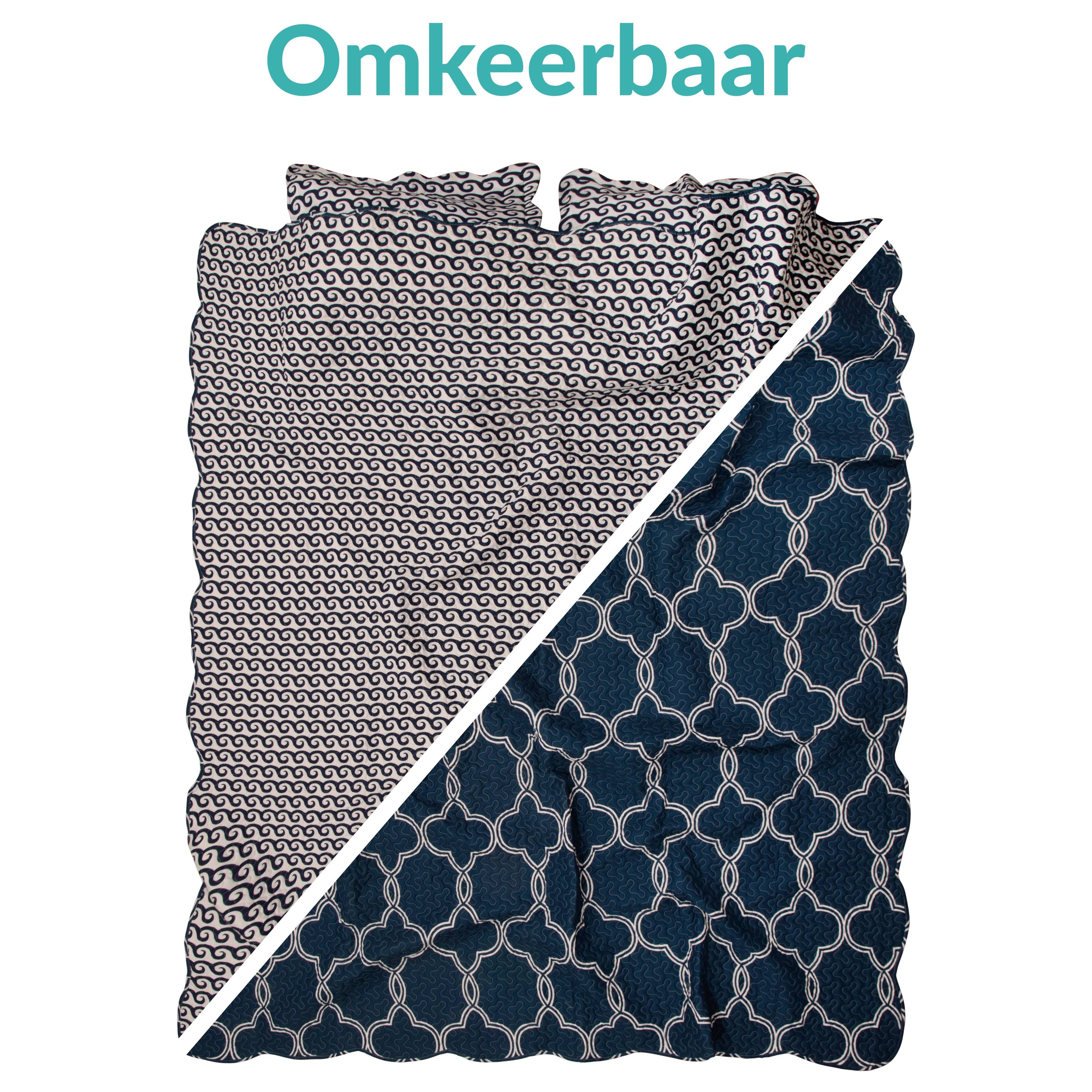 Dubbelzijdig Meridian Gedrukte Microvezel Quilt Set - Inclusief 2 Kussenslopen - Geometrische Bed Sprei  - Lappendeken – 220cm Breed x 240cm Lang - Marineblauw met Wit