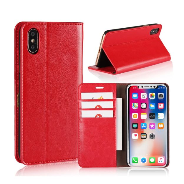 iPhone X Hoesje Crazy Horse Skin Echt Leer Flip Hoesje - Rood - Luxe Bescherming - Vintage Design - Handgemaakte Wallet Case - Duurzaam en Stijlvol - Magnetische Sluiting - Premium Kwaliteit - Slim Fit - Schokbestendig - Modieuze Accessoire voor iPhone X