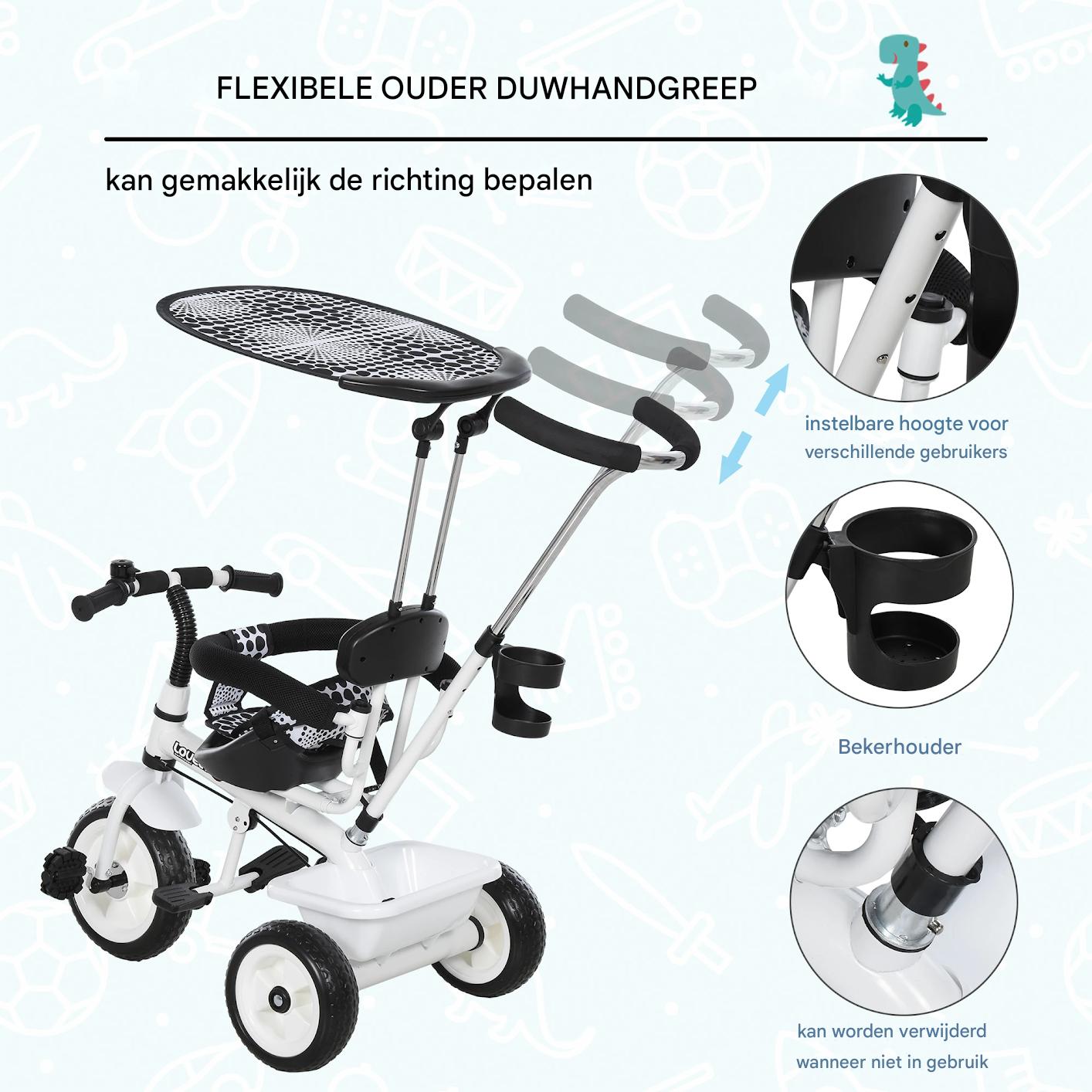 Kinder Driewieler – Met Duwstang – 3 Wielen – Met Bel en Zonnescherm – Verstelbare Ouderhandgreep – Met Opslagmand – Geschikt vanaf 18 Maanden – Stevig Metalen Frame – Max. 25 kg – Wit/Zwart