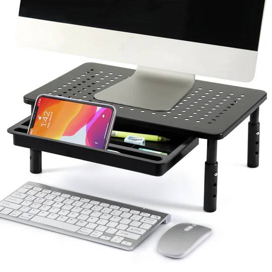 Monitorstandaard Verhoger – Verstelbare Monitor Riser met Lade – Ergonomische Bureauverhoger – 3 Hoogtes – Ventilerend Metalen Opzetstuk – Schermverhoger voor Laptop Printer PC – Zwart Monitorplatform