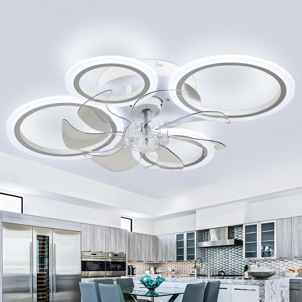 63 cm LED Plafondventilator Met Lamp - Plafondventilator Met Verlichting - Moderne Bladloze Ventilatorlamp - Flush Mount Ventilator - 7 Bladen Ventilator - Dimbare LED Lamp - Afstandsbediening & App Bediening - 6 Snelheden - 3000K-6500K