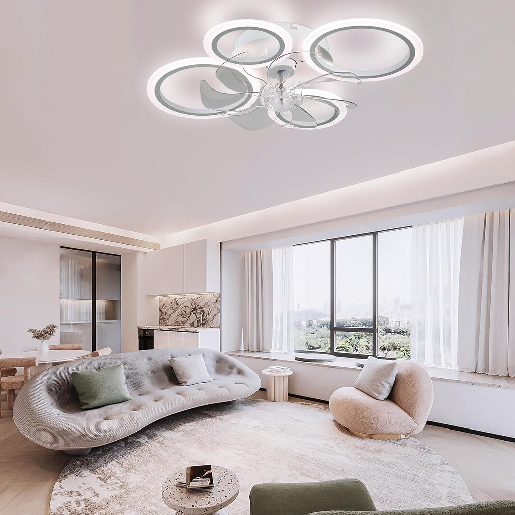 63 cm LED Plafondventilator Met Lamp - Plafondventilator Met Verlichting - Moderne Bladloze Ventilatorlamp - Flush Mount Ventilator - 7 Bladen Ventilator - Dimbare LED Lamp - Afstandsbediening & App Bediening - 6 Snelheden - 3000K-6500K