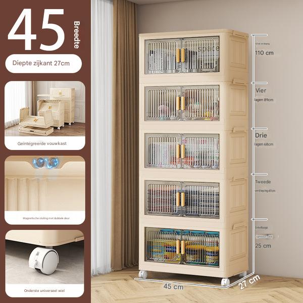 Opvouwbare opbergkast met 5 lagen – 110 cm hoog – verrijdbare plastic kast met dubbele deuren en wielen – 45 x 27 cm – ruimtebesparend opbergsysteem – inklapbare multifunctionele kast – ideaal voor speelgoed, boeken en huishoudartikelen
