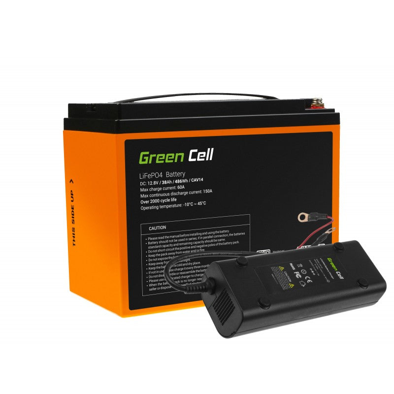 Green Cell LiFePO4 Accu 12.8V 38Ah met 8A Lader - Lithium IJzer Fosfaat Batterij voor Camper Boot Zonnepaneel Elektrische Voertuigen en Solar Installaties - Lichtgewicht Deep Cycle Accu met BMS Systeem
