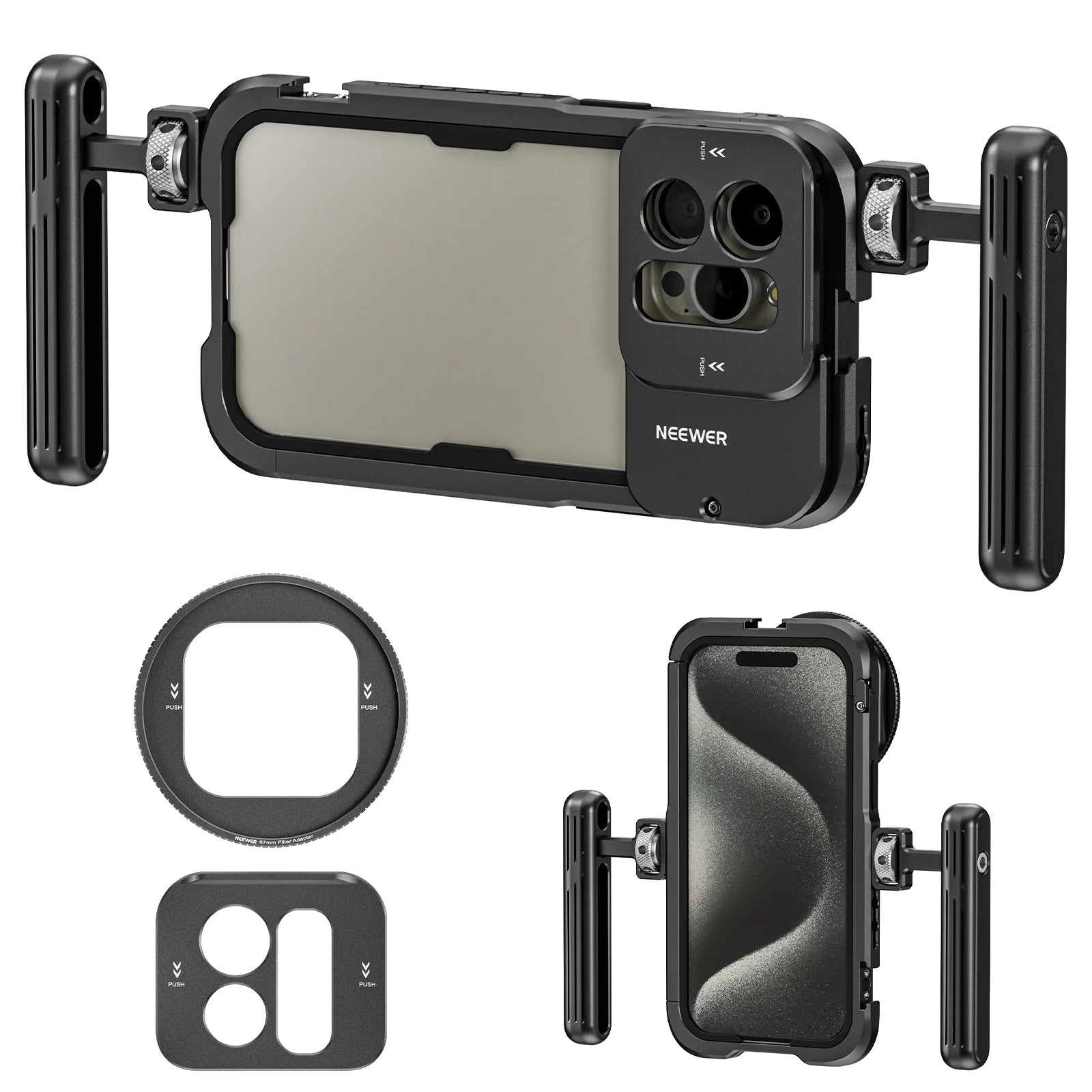 NEEWER 15 Pro Handheld Telefoonkooi Kit Video Rig met Dubbele Handvatten - Compatibel met iPhone 15 Pro - Smartphone Video Rig - 1/4 inch schroefaansluiting - Zwart