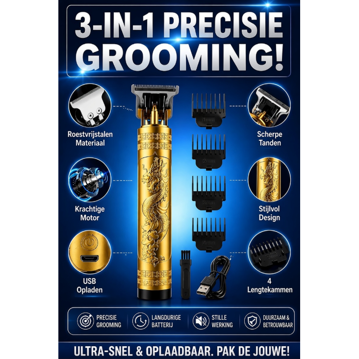 T9 - Luxe Tondeuse met LCD Display - Inclusief 4 Opzetkammen - USB Opaadbaar - Professionele Trimmer - Scheerapparaat - Baardtrimmer - Precisietrimmer- Draadloos - USB Opladen - Haarstyling – Goud