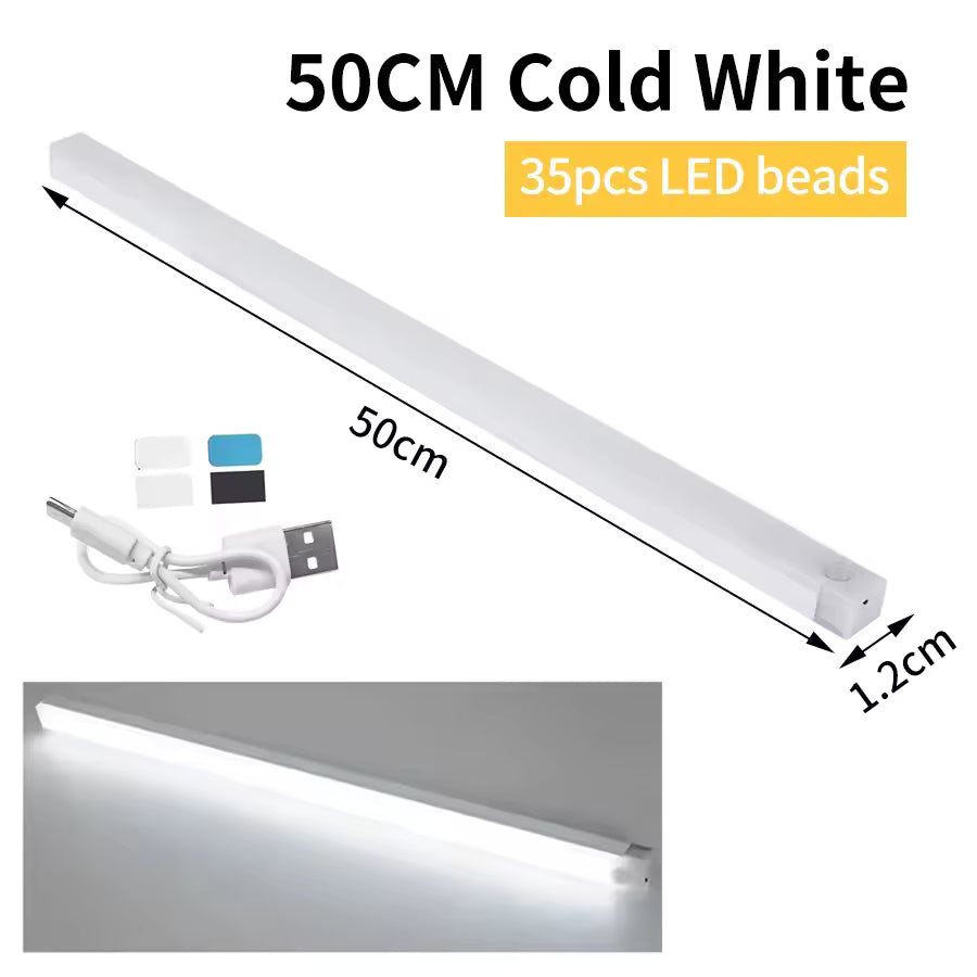 50cm Bewegingssensor LED Licht - Koud Wit Licht – Oplaadbare LED Bar Met Infraroodsensor – Draadloos Nachtlampje Met Magneetbevestiging – Warm Wit Anti-Verblind Licht – Voor Kast Keuken Gang Trap Lade Garderobe Slaapkamer – 3 Standen AUTO-ON-OFF