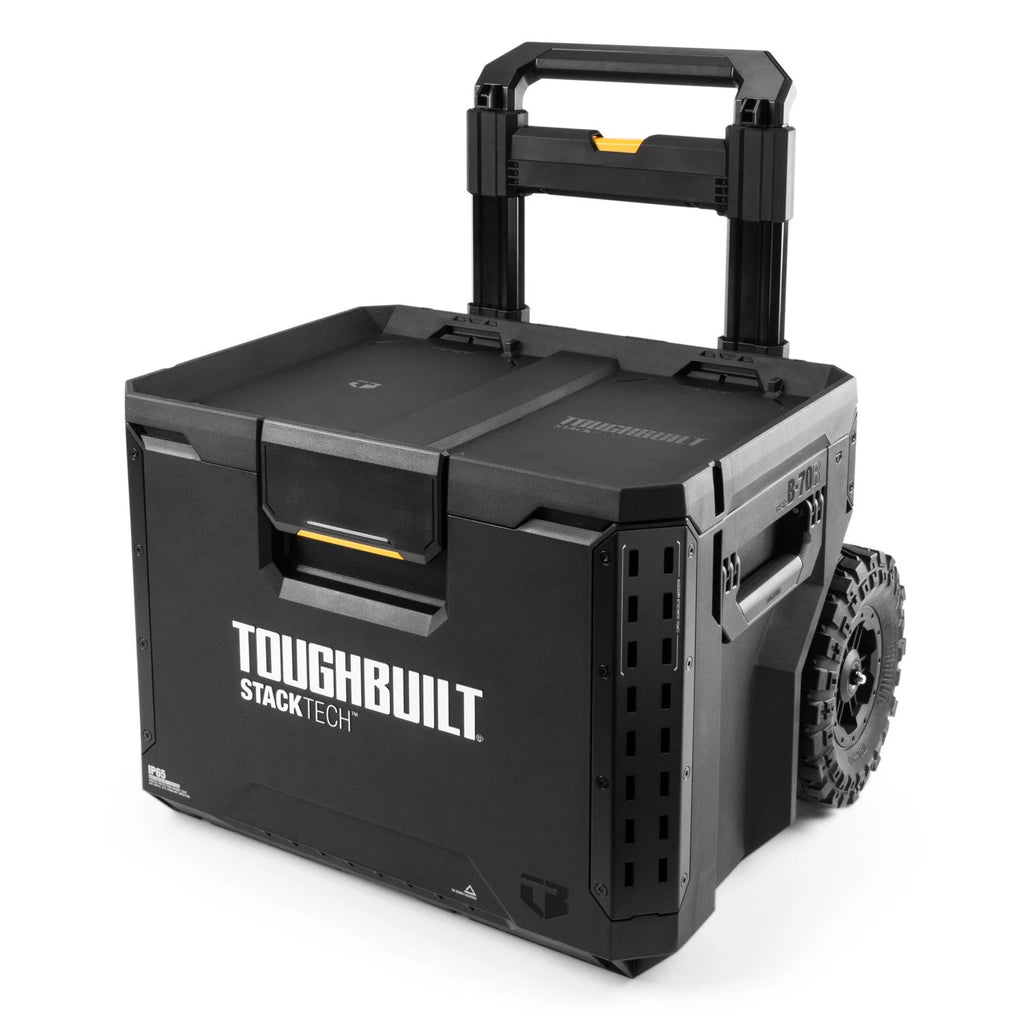 ToughBuilt  Rolling Tool Box 70L – Verrijdbare Gereedschapskoffer Met 22cm Wielen – IP65 Waterdicht – Gereedschapswagen Met Staalversterkt Deksel, Accessoirerails, Uittrekbare Greep &amp; Interne Tray – Stapelbaar Opslagsysteem Voor Professionals