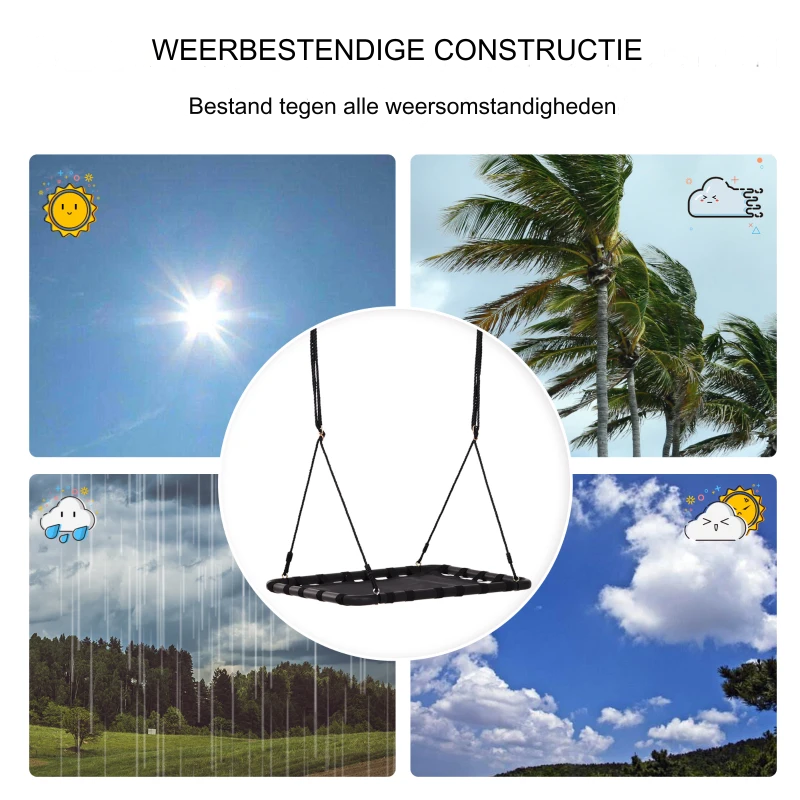 Rechthoekige Hangende Boomschommel - Vliegend Platform Metaal Frame - Speeltuin voor Achtertuin Touwschommel - Weerbestendige Kinderschommel met Verstelbare Touwen - Groot Zitvlak voor Meerdere Kinderen - 100x76cm - Eenvoudig Te Installeren