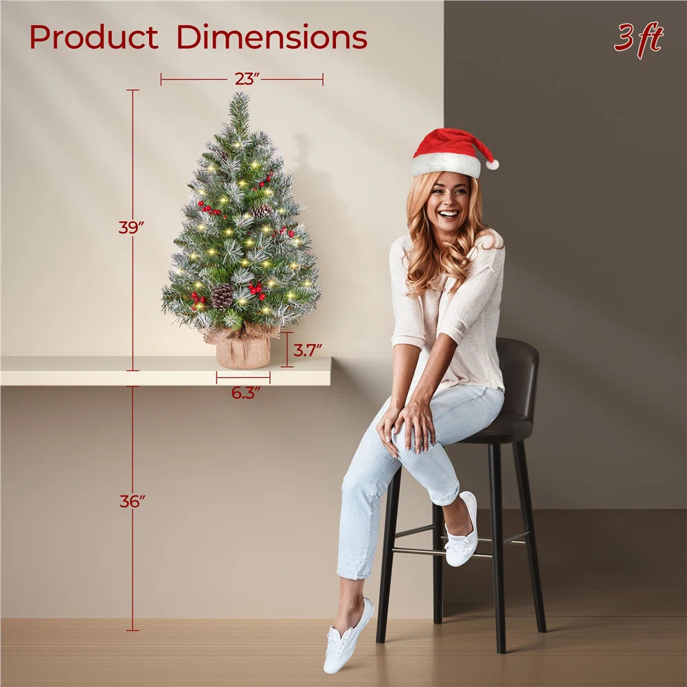 2 Stuks – Yaheetech Tafelmodel Kerstboom – Met LED Verlichting – Besneeuwd – Met Dennenappels en Bessen – 60 cm