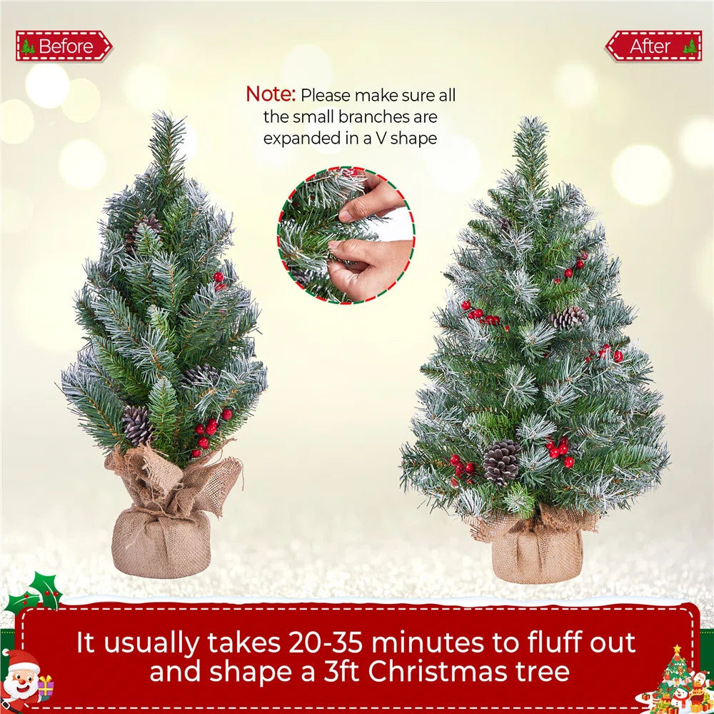 2 Stuks – Yaheetech Tafelmodel Kerstboom – Met LED Verlichting – Besneeuwd – Met Dennenappels en Bessen – 60 cm