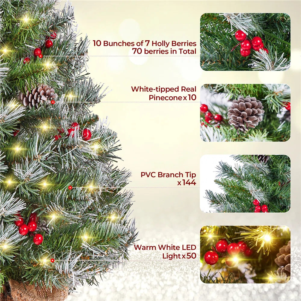 2 Stuks – Yaheetech Tafelmodel Kerstboom – Met LED Verlichting – Besneeuwd – Met Dennenappels en Bessen – 60 cm