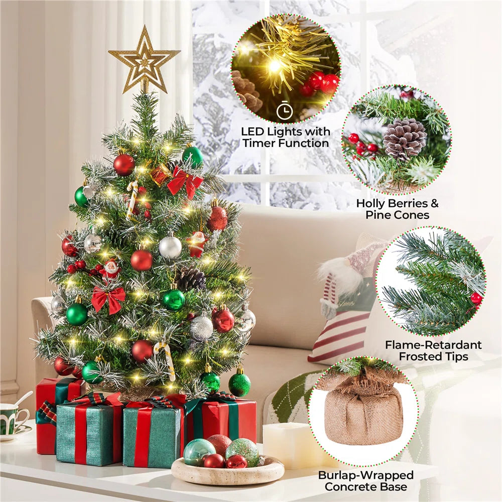 2 Stuks – Yaheetech Tafelmodel Kerstboom – Met LED Verlichting – Besneeuwd – Met Dennenappels en Bessen – 60 cm