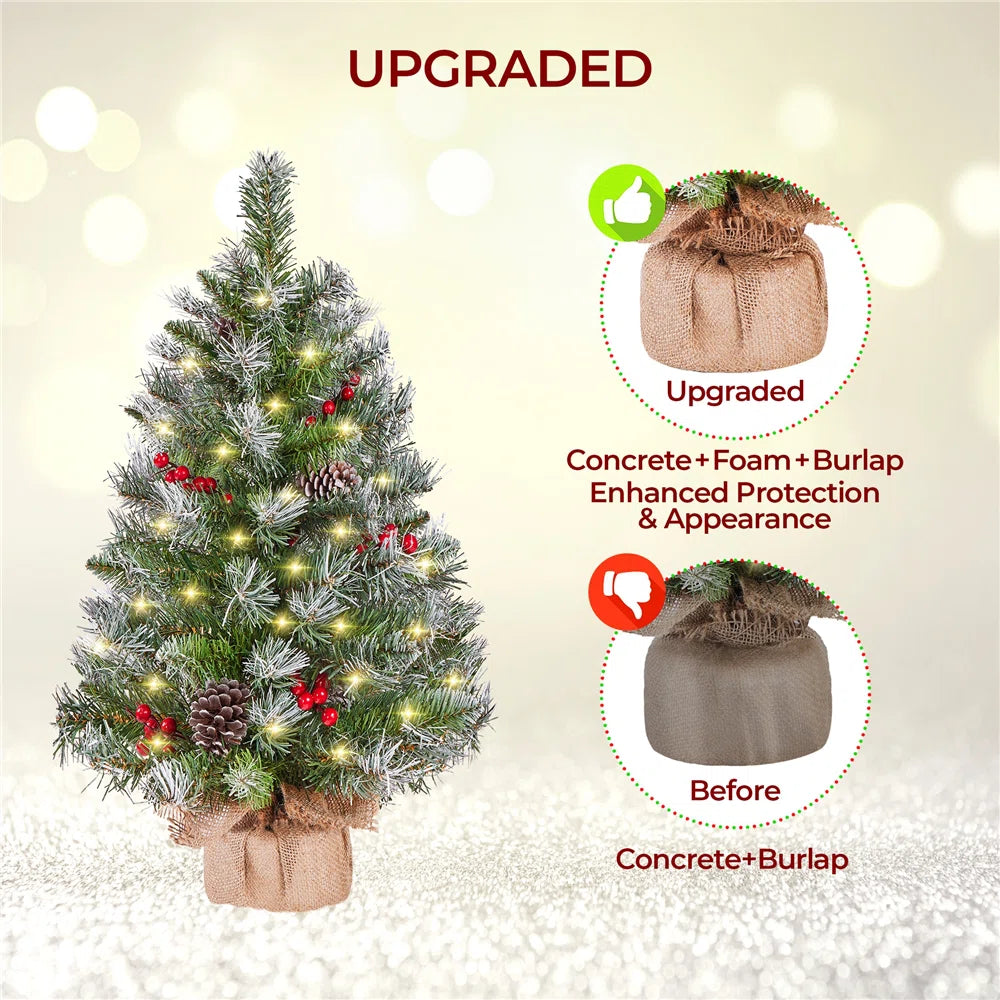 2 Stuks – Yaheetech Tafelmodel Kerstboom – Met LED Verlichting – Besneeuwd – Met Dennenappels en Bessen – 60 cm