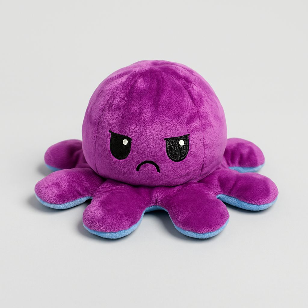 Omkeerbare Octopus Knuffel – Mood Knuffel met Emotie – Schattige Flip Knuffel – Emotionele Support – Zacht Pluche – Dubbelzijdig – 20x20x10 cm – Kleur Wisselend Gezicht - Paars / Blauw