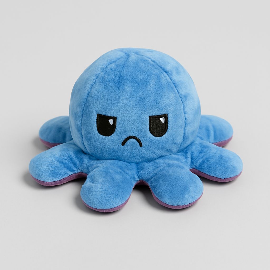 Omkeerbare Octopus Knuffel – Mood Knuffel met Emotie – Schattige Flip Knuffel – Emotionele Support – Zacht Pluche – Dubbelzijdig – 20x20x10 cm – Kleur Wisselend Gezicht - Paars / Blauw