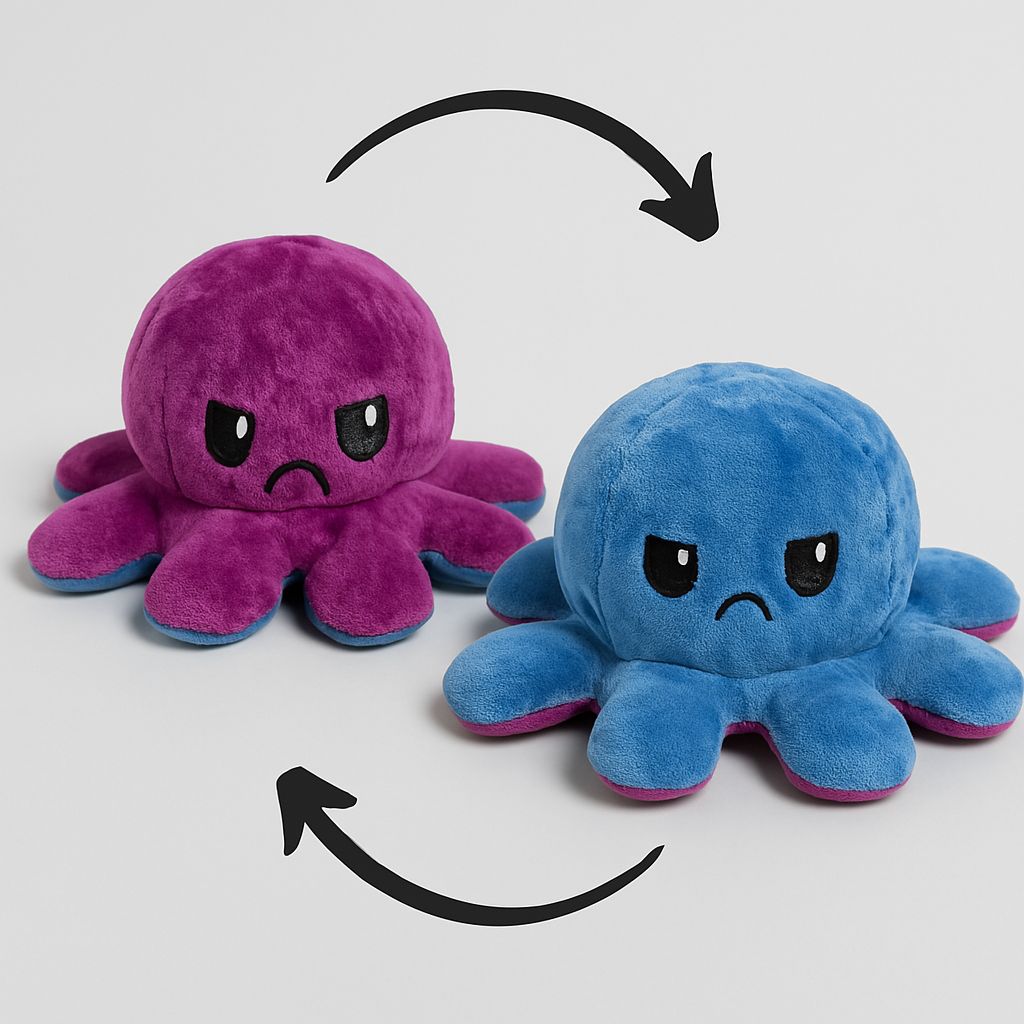 Omkeerbare Octopus Knuffel – Mood Knuffel met Emotie – Schattige Flip Knuffel – Emotionele Support – Zacht Pluche – Dubbelzijdig – 20x20x10 cm – Kleur Wisselend Gezicht - Paars / Blauw