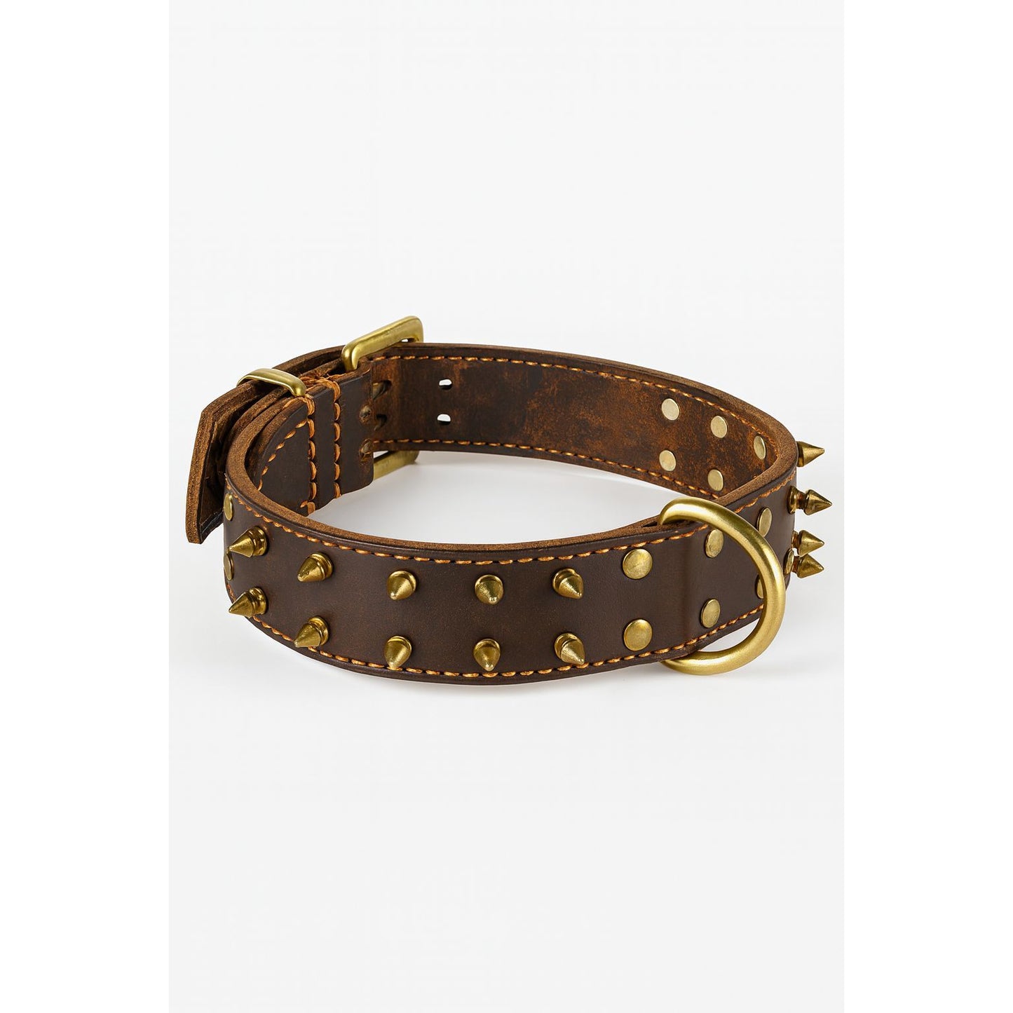 Leren Hondenhalsband – Middelgroot – Stekels – Roodbruin Donker Eiken – Echt Leer – Zacht en Comfortabel – Maat L