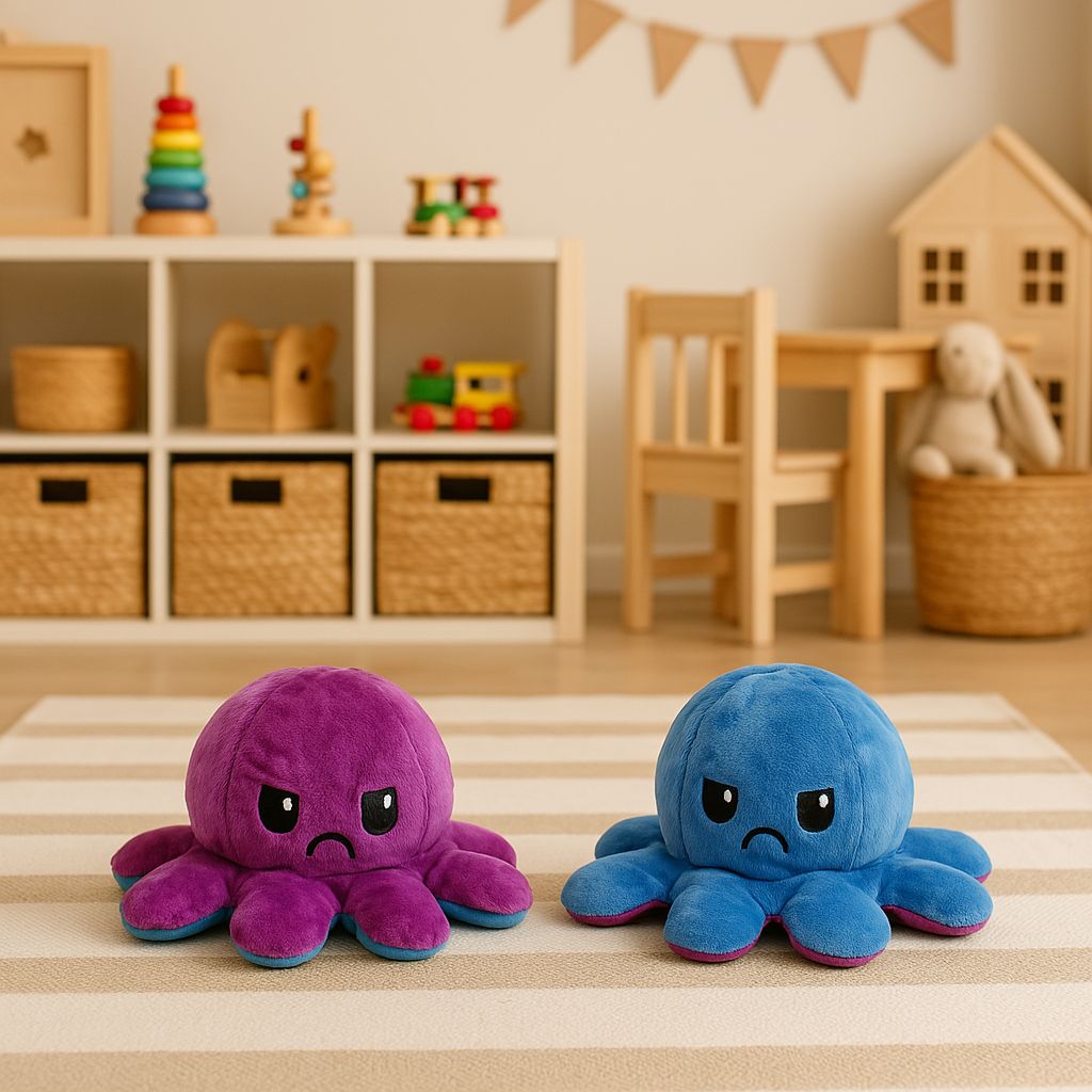 Omkeerbare Octopus Knuffel – Mood Knuffel met Emotie – Schattige Flip Knuffel – Emotionele Support – Zacht Pluche – Dubbelzijdig – 20x20x10 cm – Kleur Wisselend Gezicht - Paars / Blauw