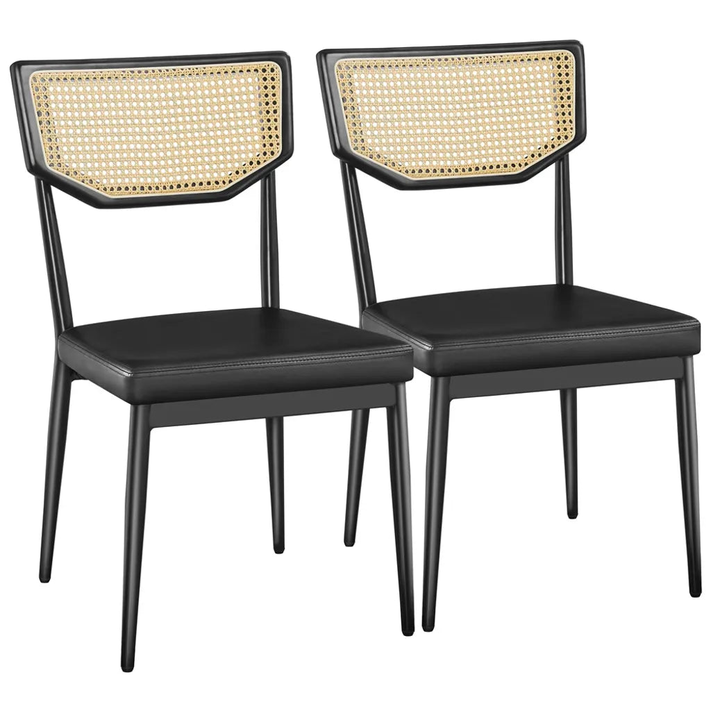 2 Stuks - Retro Eetkamerstoelen Set - Rattan Rugleuning & Zacht Kunstleren Zitkussen - Conische Metalen Poten - Ideaal Voor Keuken, Eetkamer & Balkon - 45 x 53 x 83 cm