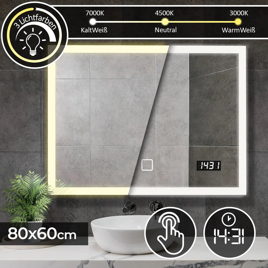 LED Badspiegel 80 x 60 cm – Aquamarin Wandspiegel Met Verlichting – Touchschakelaar / Digitale Klok – Dimbare LED Verlichting In Warmwit, Neutraal En Koudwit – 4 mm Dik Vochtbestendig Glas – 15 W – 120 LEDs – Spiegel Met Licht Voor Badkamer Of Kleedruimte