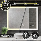 LED Badspiegel 80 x 60 cm – Aquamarin Wandspiegel Met Verlichting – Touchschakelaar / Digitale Klok – Dimbare LED Verlichting In Warmwit, Neutraal En Koudwit – 4 mm Dik Vochtbestendig Glas – 15 W – 120 LEDs – Spiegel Met Licht Voor Badkamer Of Kleedruimte