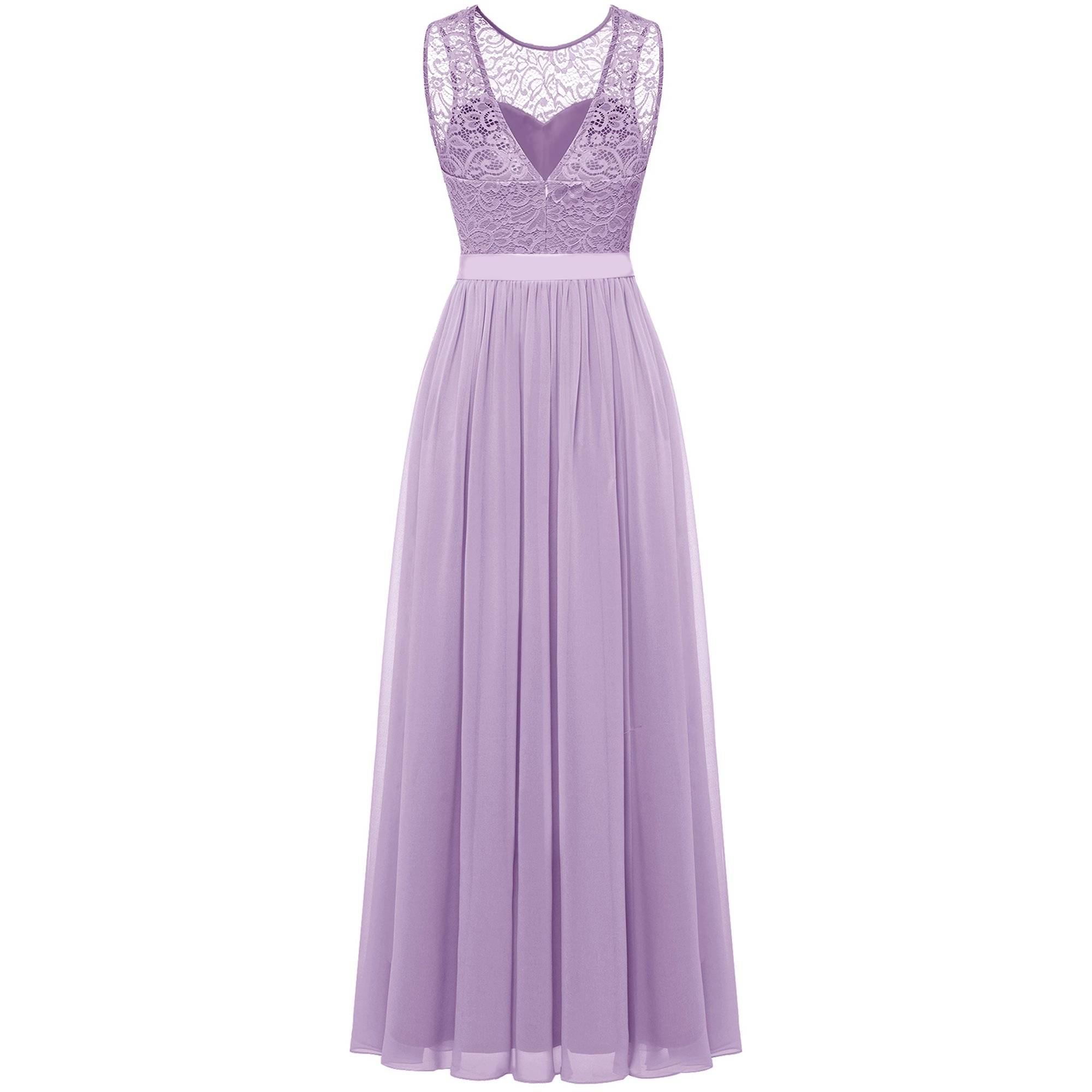 Lange Mouwloze Damesjurk met Kant en Chiffon - Bloemenkant Bovenstuk - Maxi Jurk met Satijnen Strik - Formele Avondjurk voor Bruiloft, Feest of Gala - Vloerlengte - Elegant & Comfortabel - Lavender