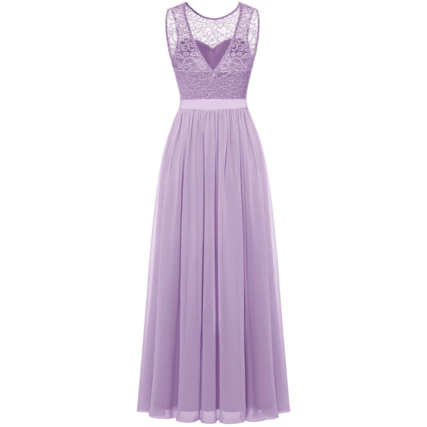 Lange Mouwloze Damesjurk met Kant en Chiffon - Bloemenkant Bovenstuk - Maxi Jurk met Satijnen Strik - Formele Avondjurk voor Bruiloft, Feest of Gala - Vloerlengte - Elegant & Comfortabel - Lavender