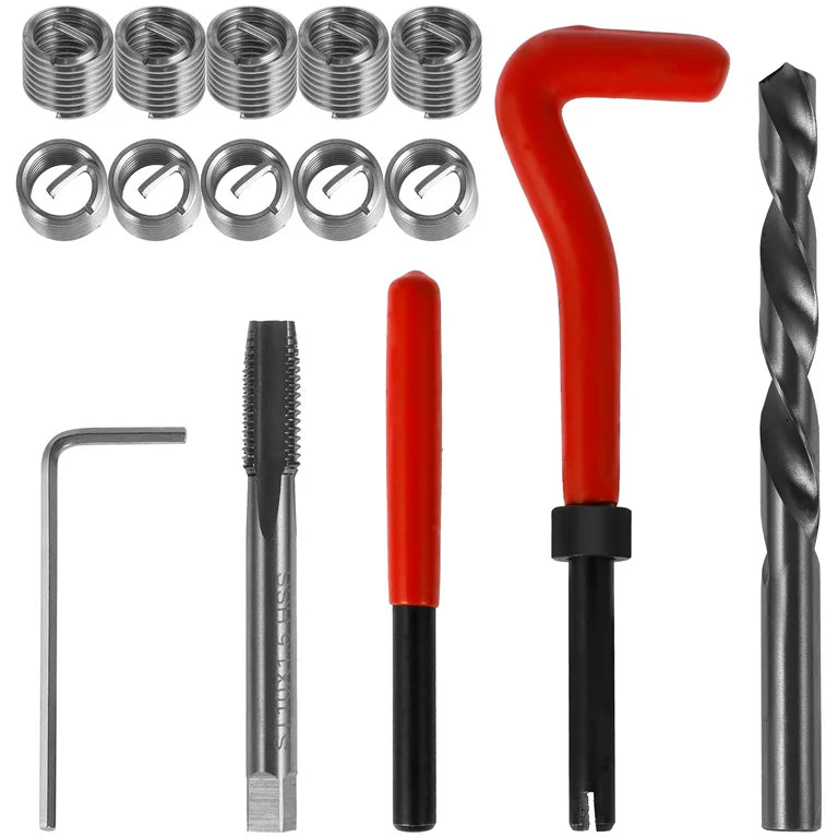 Compleet 15-Delig Schroefdraadherstel Gereedschapsset voor M14 x 2 Schroefdraden - Inclusief RVS Gereedschap, Draaiboormachine, Schroeftap & Meer, Verpakt in Handige Draagtas voor Professioneel en Doe-het-Zelf Gebruik