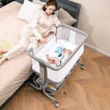 3-in-1 Aanschuifbed - Verstelbaar Reisbedje Baby met Matras en Opbergmand - 6 Hoogtestanden (75-85 cm) - Opvouwbaar &amp; Draagbaar Babybedje met Veiligheidsgordels en Wielen - Grijs