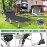 Opvouwbare Ligstoel – Draagbaar Campingbed voor Volwassenen en Kinderen – Sterke Stalen Constructie met Dubbel Laags 1200D Oxford Stof – Comfortabel Strandbed, Reisbed of Logeerbed – Inklapbaar Vouwbed met Hoofdkussen – Grijs Gestreept Ontwerp