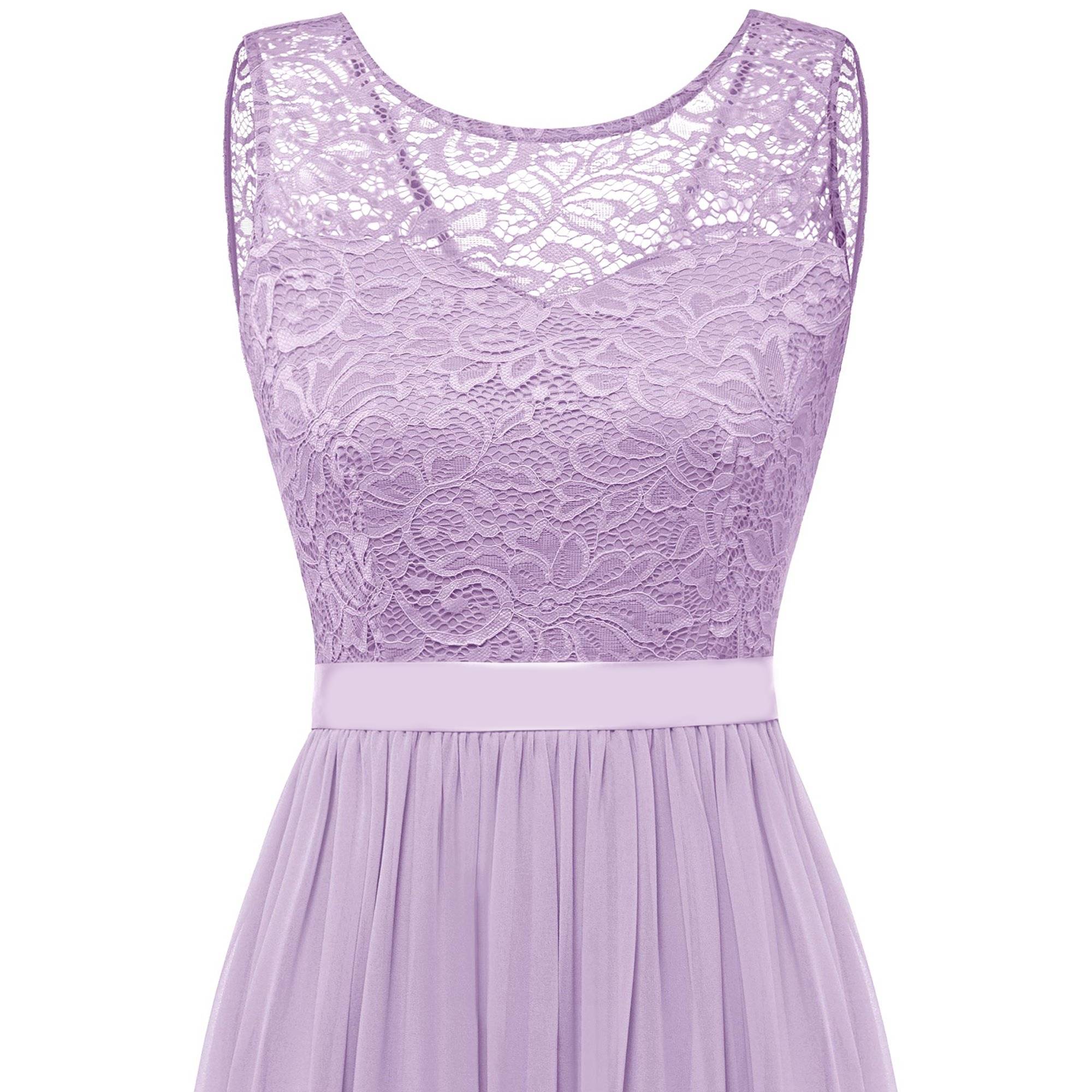 Lange Mouwloze Damesjurk met Kant en Chiffon - Bloemenkant Bovenstuk - Maxi Jurk met Satijnen Strik - Formele Avondjurk voor Bruiloft, Feest of Gala - Vloerlengte - Elegant & Comfortabel - Lavender
