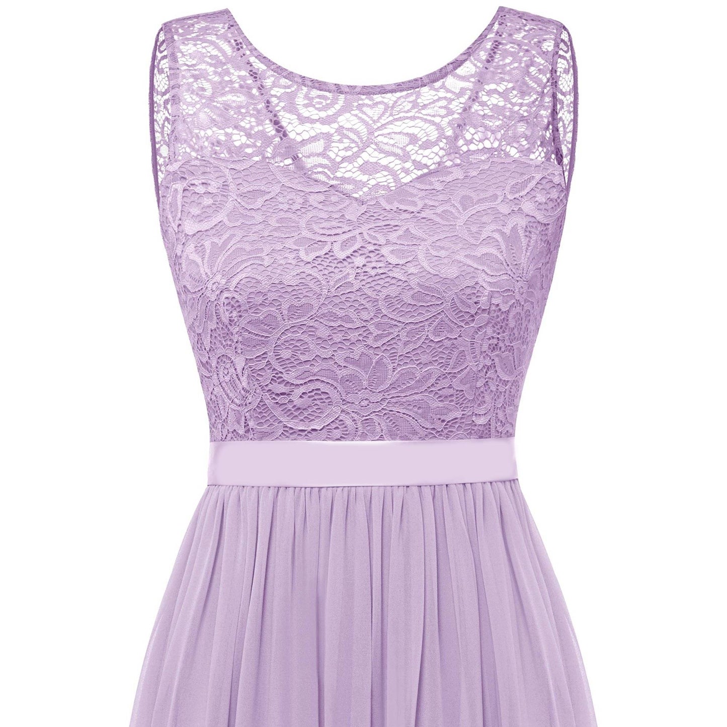 Lange Mouwloze Damesjurk met Kant en Chiffon - Bloemenkant Bovenstuk - Maxi Jurk met Satijnen Strik - Formele Avondjurk voor Bruiloft, Feest of Gala - Vloerlengte - Elegant & Comfortabel - Lavender