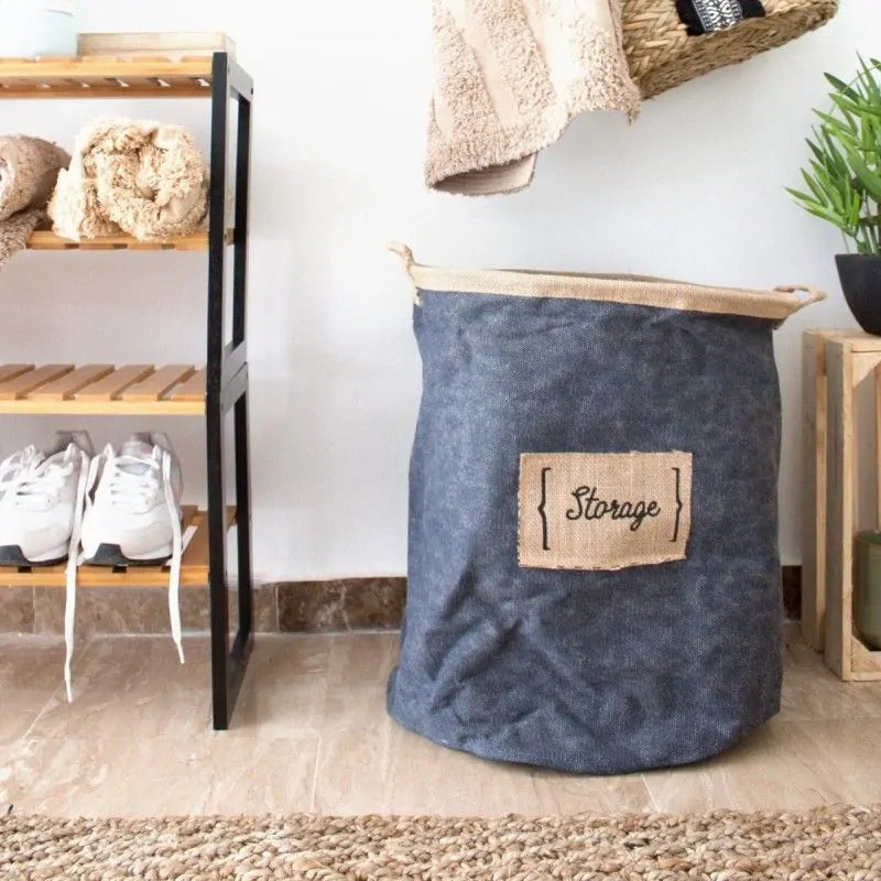 Denim Stijl Waszak - 50 cm - Ruime en Stevige Opbergzak - Inklapbaar - Milieuvriendelijke Wasmand van Jute - Voor Vuile Was, Speelgoed, Dekens of Kledingopslag - Lichtgewicht en Duurzaam