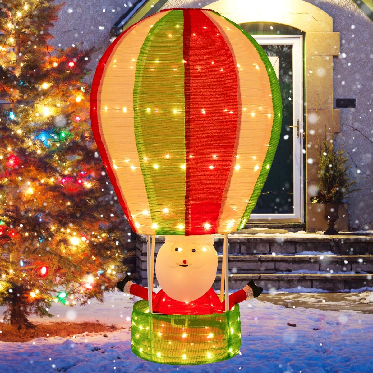 135 cm Kerstman Heteluchtballon - Verlichte Kerstdecoratie met 160 LED-Lampjes - Pop-Up Ontwerp - Metalen Frame en Polyester - Inclusief Grondspikes en Kabelbinders - Voor Binnen en Buiten - Rood, Groen en Wit