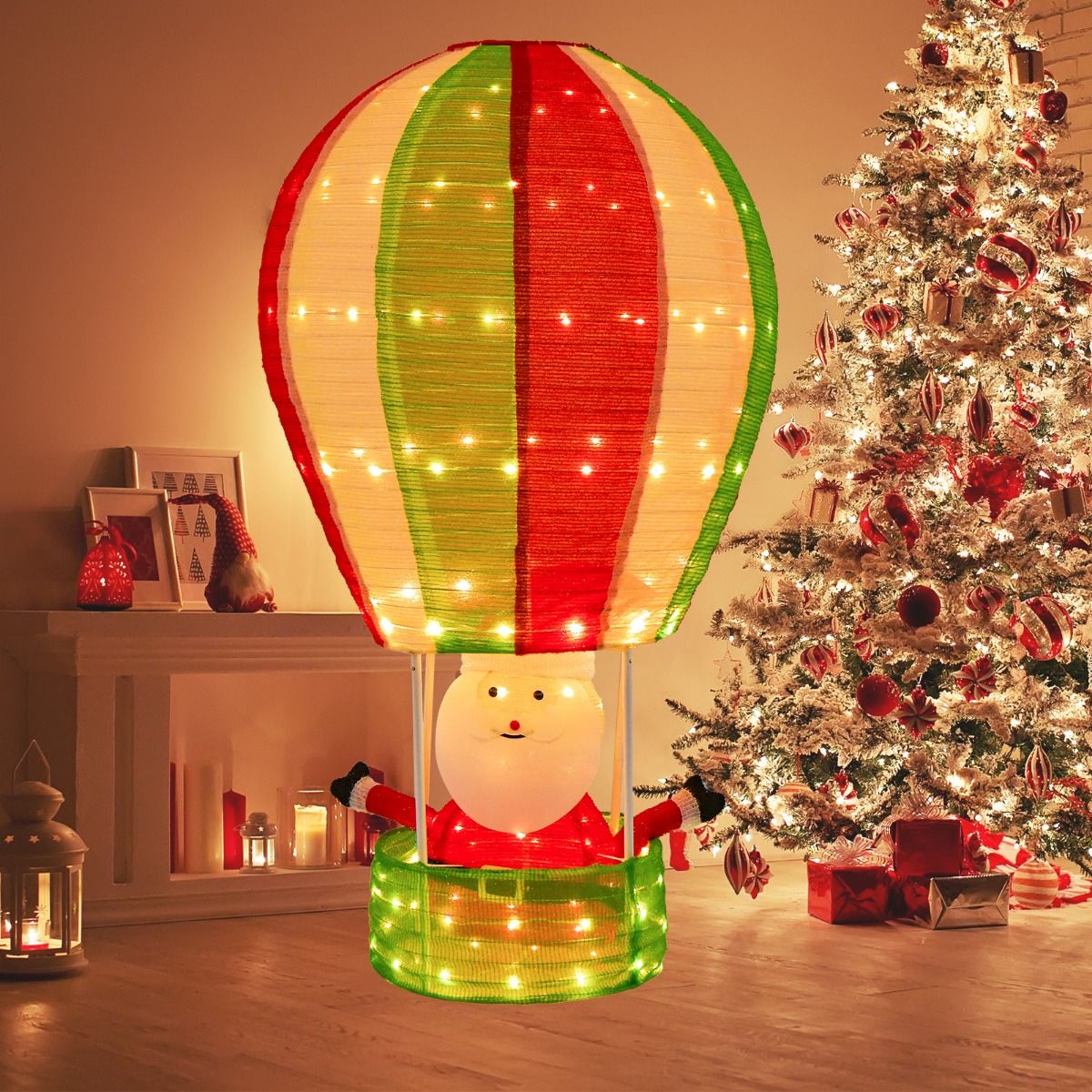 135 cm Kerstman Heteluchtballon - Verlichte Kerstdecoratie met 160 LED-Lampjes - Pop-Up Ontwerp - Metalen Frame en Polyester - Inclusief Grondspikes en Kabelbinders - Voor Binnen en Buiten - Rood, Groen en Wit