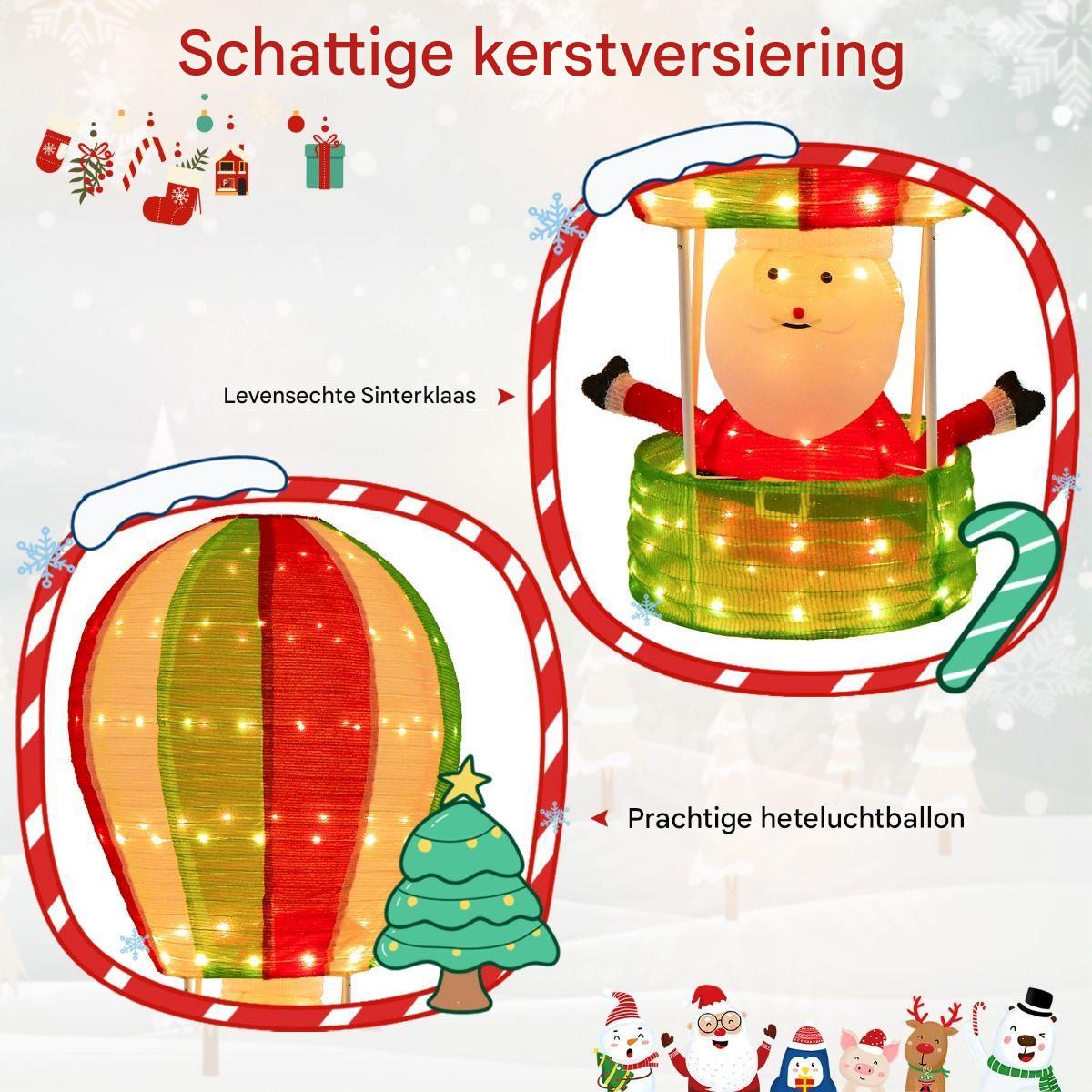 135 cm Kerstman Heteluchtballon - Verlichte Kerstdecoratie met 160 LED-Lampjes - Pop-Up Ontwerp - Metalen Frame en Polyester - Inclusief Grondspikes en Kabelbinders - Voor Binnen en Buiten - Rood, Groen en Wit