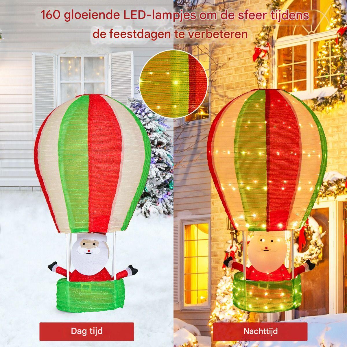 135 cm Kerstman Heteluchtballon - Verlichte Kerstdecoratie met 160 LED-Lampjes - Pop-Up Ontwerp - Metalen Frame en Polyester - Inclusief Grondspikes en Kabelbinders - Voor Binnen en Buiten - Rood, Groen en Wit