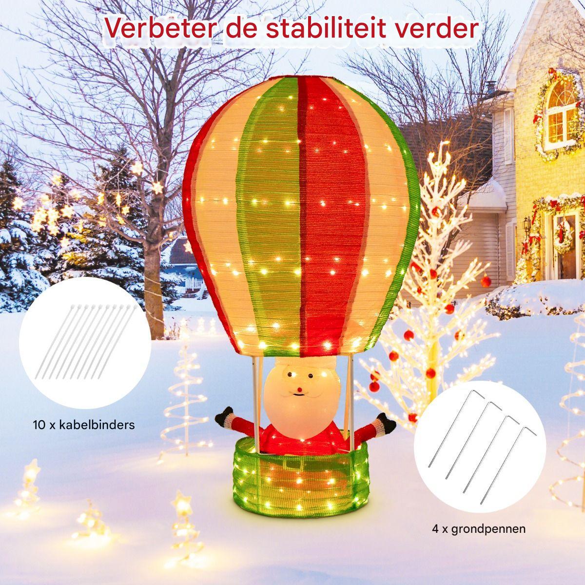 135 cm Kerstman Heteluchtballon - Verlichte Kerstdecoratie met 160 LED-Lampjes - Pop-Up Ontwerp - Metalen Frame en Polyester - Inclusief Grondspikes en Kabelbinders - Voor Binnen en Buiten - Rood, Groen en Wit