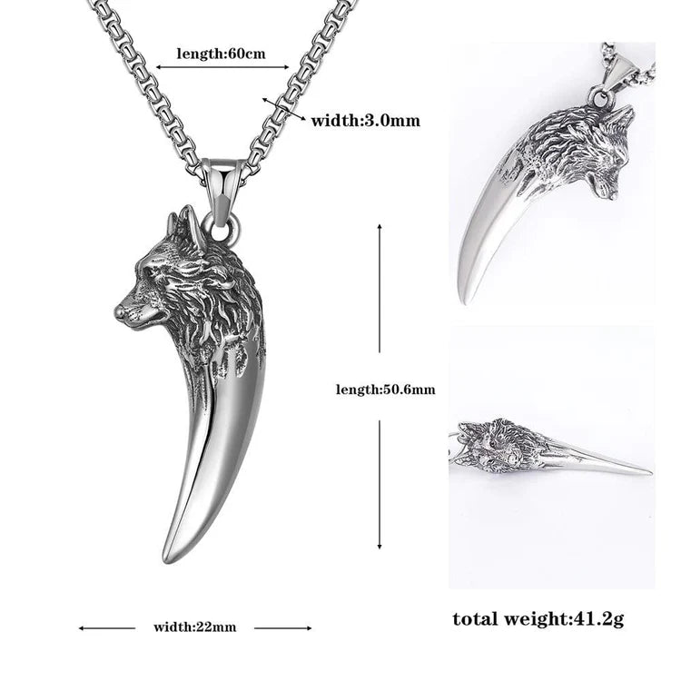 Fenrir Viking Ketting – Keltische Wolfskop Hanger – Fenrir Odin Tand Amulet – Nordic Mythologie Sieraad – Roestvrij Staal – Punk Vintage Design – 60 cm Ketting – 5 x 2,2 cm Hanger – Hypoallergeen en Duurzaam
