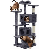 Yaheetech Krabpaal Kattenboom - Kattenkrabpaal 138 cm Hoog - Klimboom met 3 Uitzichtplatforms - 2 Knusse Kattenhuisjes - Stabiele Kattenboom met Sisal Krabpalen - Speeltoren met Pluche Bekleding en Beveiligingsriem