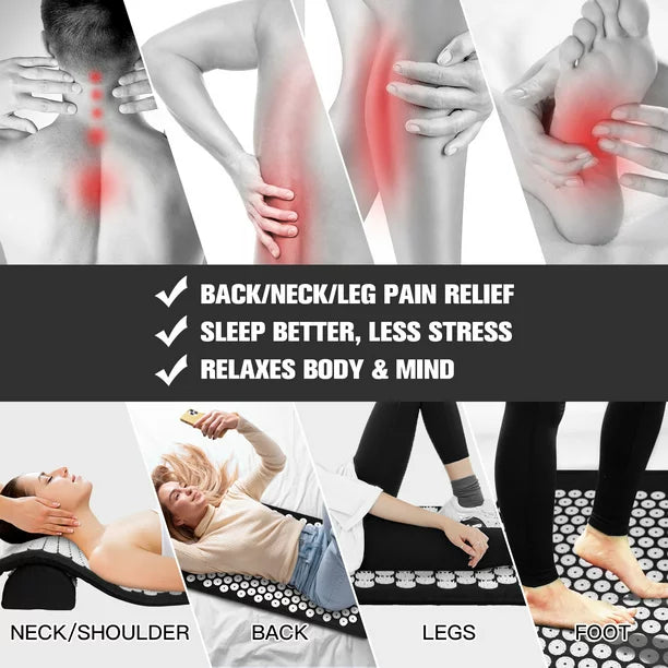 Acupressure Mat met Kussen- 2x Triggerpoint Massageballen en Draagtas - Spijkermat voor Ontspanning en Pijnverlichting - Acupunctuur Massage Set - Lotus Shakti Mat - Zwart & Wit