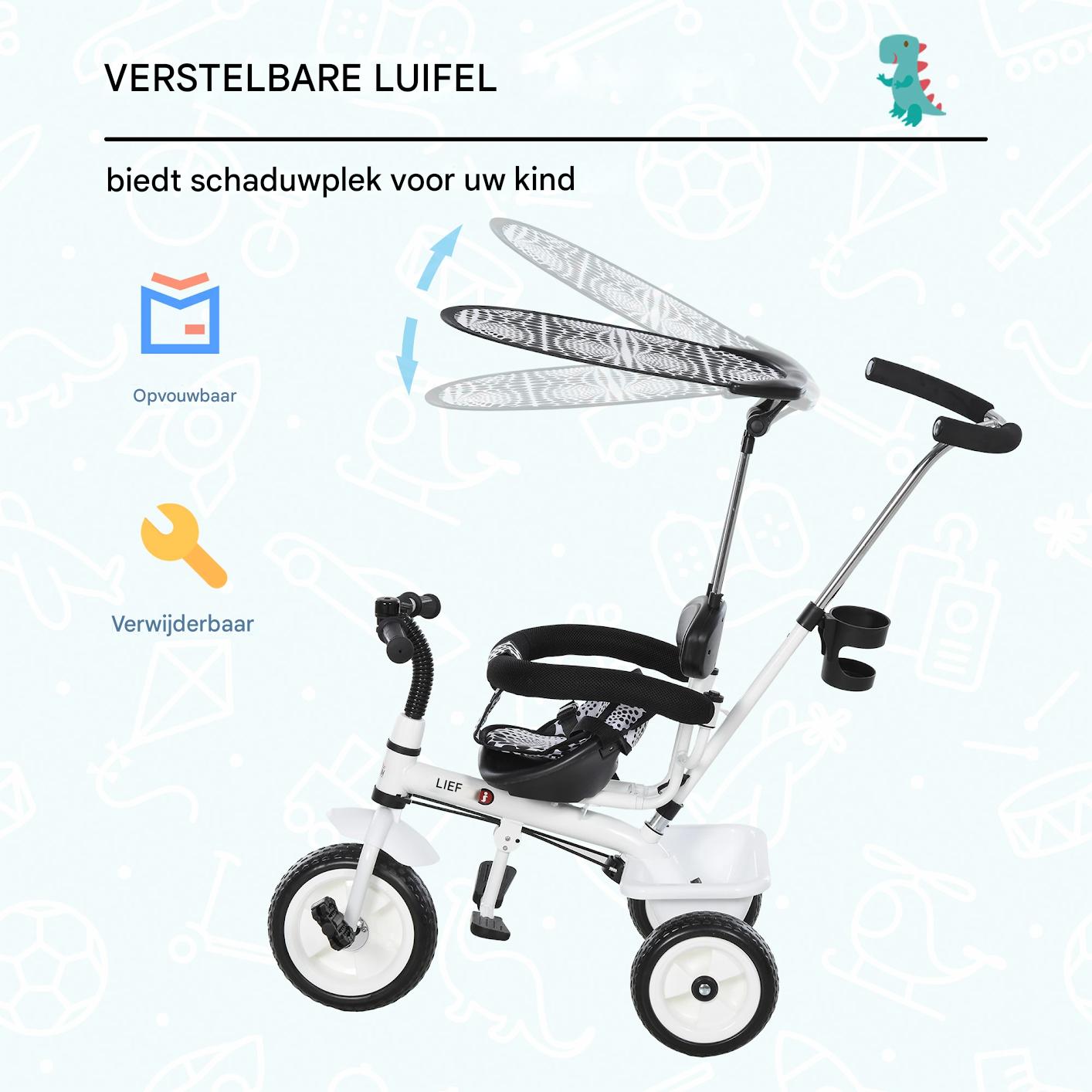 Kinder Driewieler – Met Duwstang – 3 Wielen – Met Bel en Zonnescherm – Verstelbare Ouderhandgreep – Met Opslagmand – Geschikt vanaf 18 Maanden – Stevig Metalen Frame – Max. 25 kg – Wit/Zwart