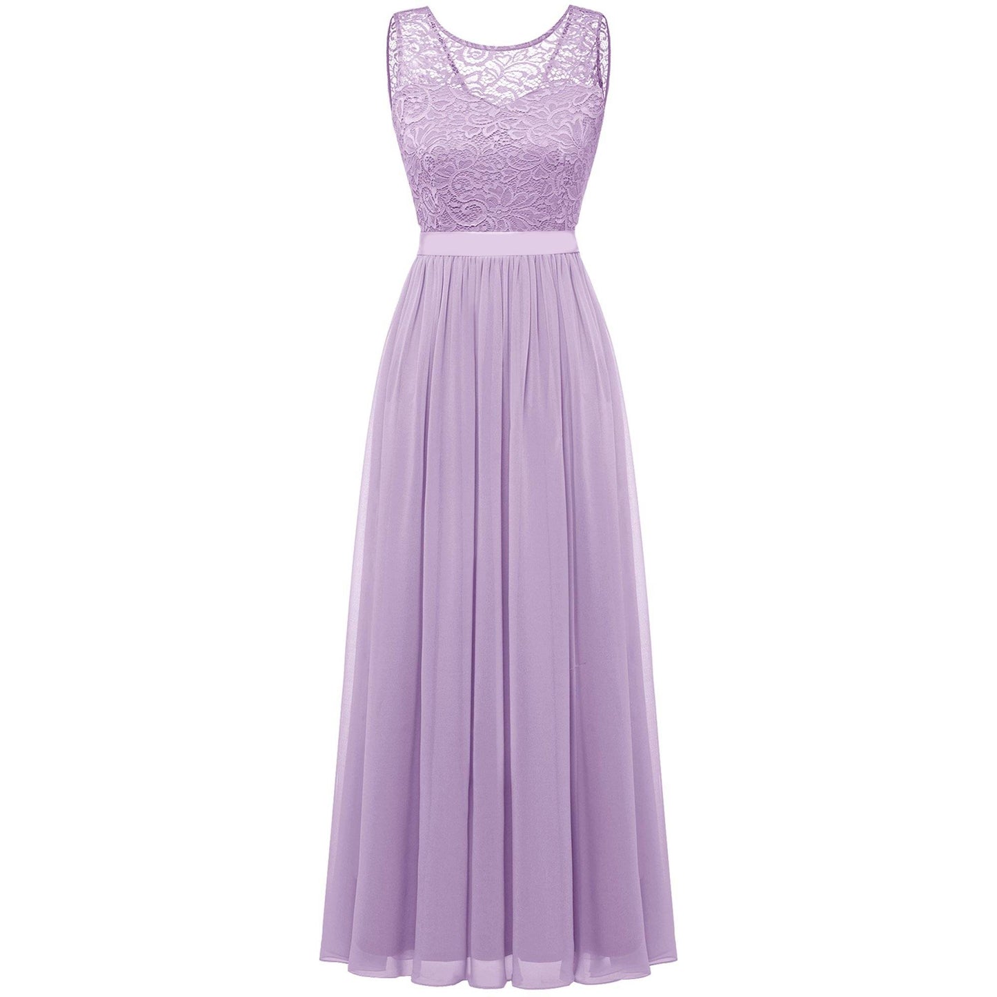 Lange Mouwloze Damesjurk met Kant en Chiffon - Bloemenkant Bovenstuk - Maxi Jurk met Satijnen Strik - Formele Avondjurk voor Bruiloft, Feest of Gala - Vloerlengte - Elegant & Comfortabel - Lavender