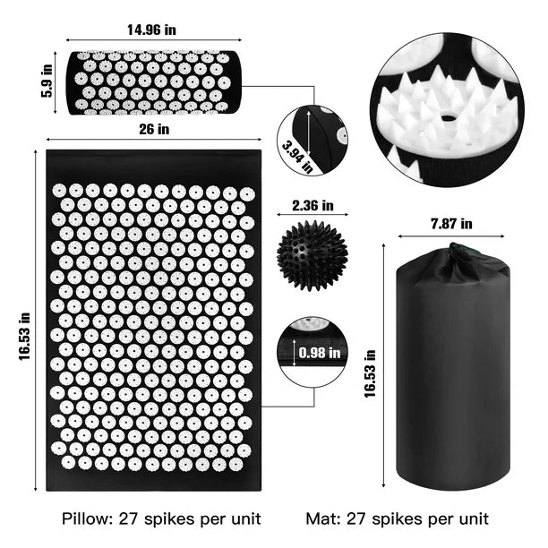 Acupressure Mat met Kussen- 2x Triggerpoint Massageballen en Draagtas - Spijkermat voor Ontspanning en Pijnverlichting - Acupunctuur Massage Set - Lotus Shakti Mat - Zwart & Wit