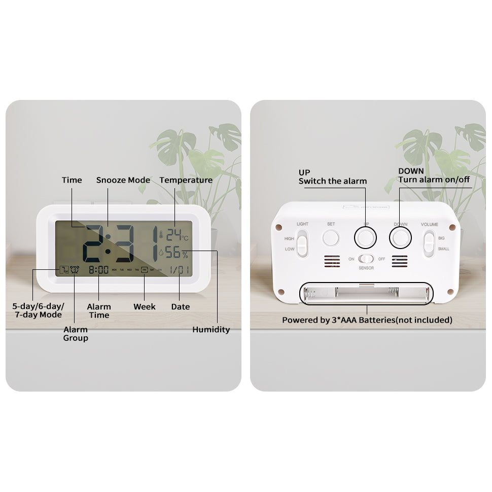 Multifunctioneel Digitale Wekker - LCD Display Met Lichtsensor - Snooze Functie - 3 Onafhankelijke Alarmen - Temperatuur- en Vochtigheidsweergave - Compact Design - Batterij Gevoed - 14x4,5x7cm